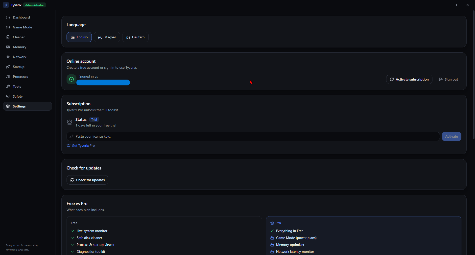 Tyverix settings and Free vs Pro